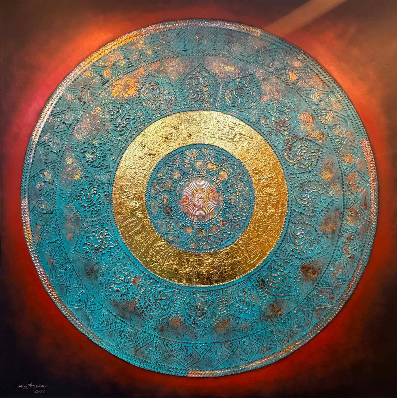 Golden Mandala — a large turquoise gong form ringed in gold leaf on a copper-red ground, hand-painted in Kata-Karon